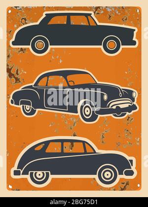 Retro cars stickers set. Vintage auto on grunge background. Vector illustration Stock Vector