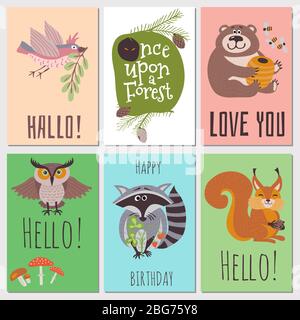 Once upon forest cards collection. Cute animals kids cards. Vector forest animal bear and owl on card illustration Stock Vector