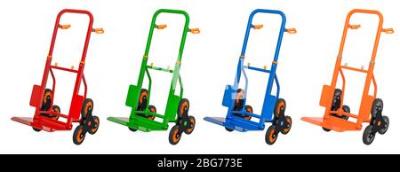 Colored Stair Climbing Hand Trucks. 3D rendering isolated on white background Stock Photo