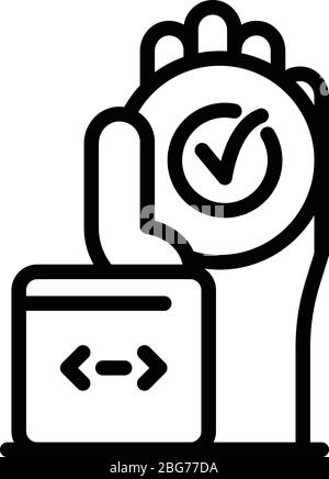 Check mark in the hand icon, outline style Stock Vector