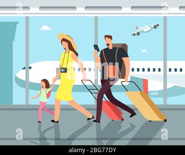 Traveling family with luggage in airpor terminal. People on vacation vector cartoon concept. Family vacation and travel, people in airport with suitca Stock Vector