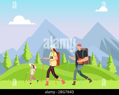 Hiking family in nature. Trekking man, woman and children with outdoor mountain landscape. Summer adventure vector background. Family walk, backpackin Stock Vector