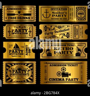 Retro party, cinema, invitation vector tickets set. Vector golden tickets isolated on black background illustration Stock Vector