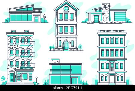 Contemporary urban and suburban houses line icons set. Real estate outline symbols. Building home contemporary, exterior house urban residential illus Stock Vector