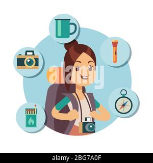 Flat tourist character with tourism accessories. Travel infographic icons. Tourism summer, girl adventure with backpack, hiking and journey. Vector il Stock Vector