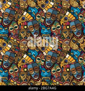 African craft voodoo tribal mask and inca south american culture totem symbols seamless pattern. Vector illustration Stock Vector