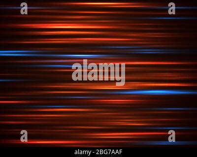Speed car light movement lines on dark background vector illustration. Blur motion light, dark night traffic abstract colored Stock Vector