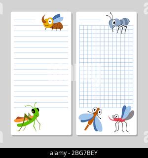 Lined notebook pages template with cartoon insects isolated. Vector illustration Stock Vector