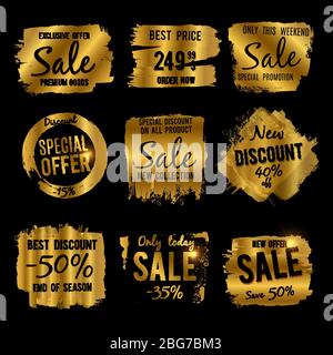 Golden discount and price tag, sale banners with grunge brushed frames and distressed textures vector set. Luxury sale labels design. Discount price l Stock Vector