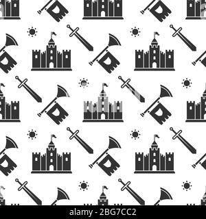 Swords, medieval castle, sword and tube seamless background pattern design. Vector illustration Stock Vector