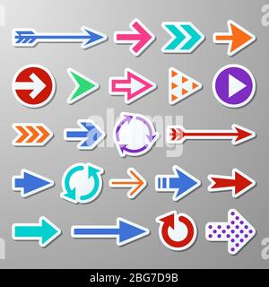 Website right arrow stickers. Directional arrows signs. Progress arrow vector symbols. Sticker right arrow, indicator circular set of arrows Stock Vector