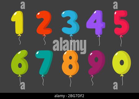 Cartoon balloon numbers for birthday fun kids party celebration invitation card vector set isolated. Colored number, colorful surprise bright illustra Stock Vector