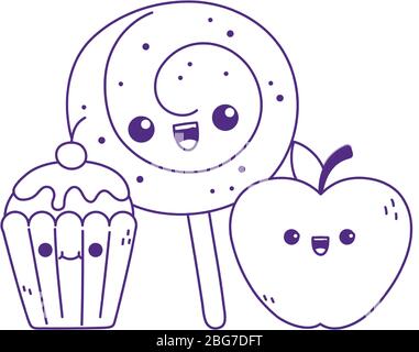 cute apple candy in stick and cupcake kawaii cartoon character vector illustration Stock Vector