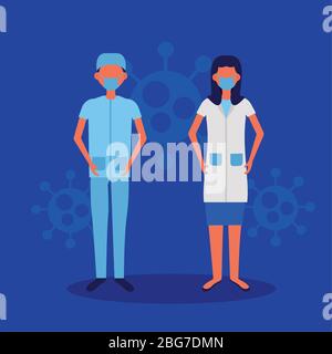 doctors couple using face masks with covid19 particles Stock Vector