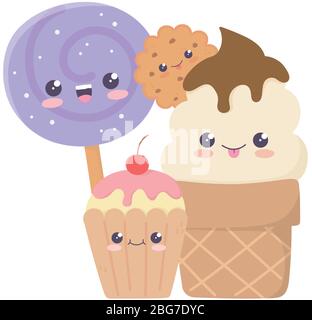 cute cupcake ice cream cookie and candy in stick kawaii cartoon character vector illustration Stock Vector