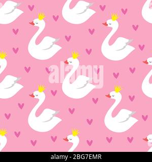 Cute swan princess with crown seamless vector pattern on pink background. Illustration of bird pattern princess swan Stock Vector