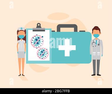 doctors couple using face masks with checklist and medical kit Stock Vector