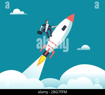 Successful happy businessman flying on rocket to goal. Leadership, start-up, growth and opportunity vector business cartoon concept. Successful and in Stock Vector