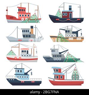 Fishing ocean boats. Commercial trawlers, fisherman ships sea and river vessels isolated vector set. Illustration of catch fish, nautical transport in Stock Vector