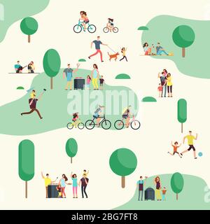 People groups on on bbq picnic. Happy families in various outdoor activity in summer park. Cartoon vector characters family in green park outdoor illu Stock Vector