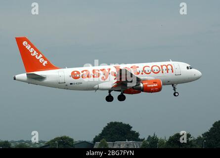 easyJet Airbus A320 landing at London Southend Airport Stock Photo