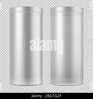 Realistic 3d empty transparent glass jar and and white can with lid. Package for food, cookies and gifts vector template isolated. Container object de Stock Vector