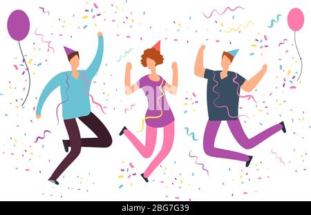 Happy jumping people with falling confetti, balloons at fun birthday party. Friends celebrating event. Vector flat characters isolated. Illustration o Stock Vector