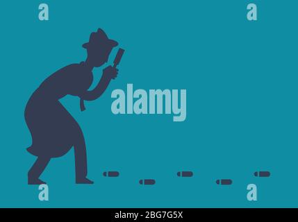 Mysterious investigator detective is following footprints vector illustration. Detective search footprint, magnifying glass inspect Stock Vector