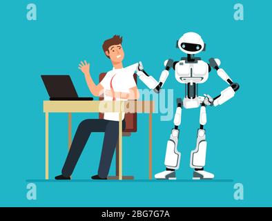 Robot employee kicks away human worker from workplace. Artificial intelligence, man replacement, future jobless vector concept. Machine control, cybor Stock Vector