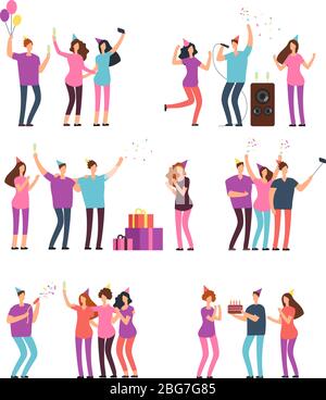 Friendly people men, women dancing, singing and having fun at party. Friends celebrating birthday. Vector cartoon characters isolated. Illustration of Stock Vector