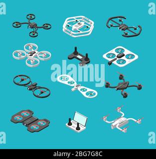 Different isometric 3d drones. Aerial delivery and photo robots vector set. Aircraft robot, control propeller wireless illustration Stock Vector