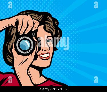 Happy young woman with camera. Photographer retro comic pop art vector illustration Stock Vector