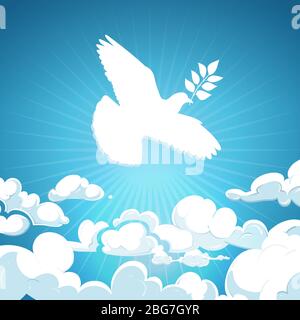 Dove of peace flying in the sky. White pigeon with branch background concept. Hope bird, freedom flying in heaven illustration Stock Vector