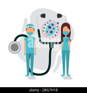 doctors couple using face masks with stethoscope and covid19 particle Stock Vector