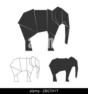 Vector paper japanese elephants for logo, print, design. Wild animal elephant silhouette isolated on white bakground illustration Stock Vector