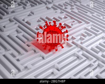 coronavirus in the labyrinth maze, 3d illustration Stock Photo