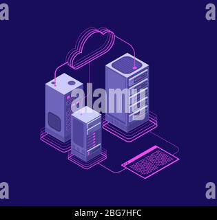 Network hosting solutions, datacenter with services, website administrative support vector isometric concept. Illustration of computer database system Stock Vector