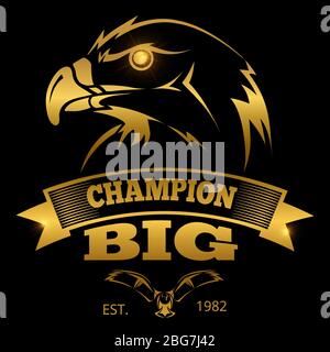 Eagle heraldry vector labels, logos, emblems. Golden eagle sign design isolated on black background illustration Stock Vector