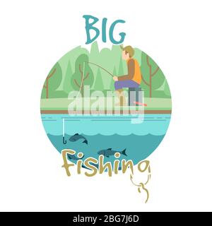Fishing vector concept with fisher man and landscape icon isolated on white illustration Stock Vector