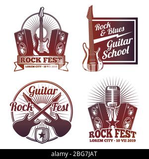 Rock and roll music vector labels. Vintage heavy metal emblems isolated on white background illustration Stock Vector