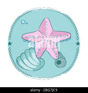 Hand drawn starfish and seashell grunge emblem isolated on white. Vector illustration Stock Vector