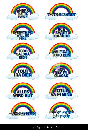 Rainbow symbol of hope, symbol of the fight against the virus, in many languages of the world, everything will be fine Stock Vector