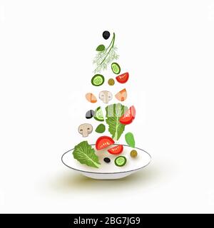 Sliced vegetables falling into a salad bowl. A set of elements for cooking. Vegetables in pieces, herbs. Vector illustration. The concept of cooking. Stock Vector
