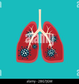 Virus cells eating lung. Virus cells biting lung. Damaged lung. Virus cell with scary and evil face. Coronavirus eating lung concept. COVID-19. 2019-n Stock Vector