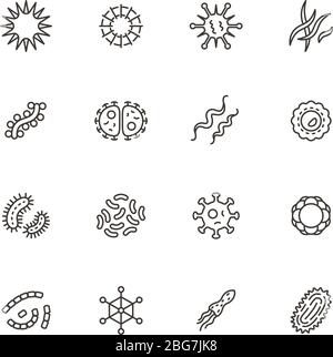 Illness bacilli, microbes, viruses and microorganisms line icons. Bacteriology hygiene and infection outline vector isolated symbols. Illustration of microbe and virus, microorganism bacteria Stock Vector