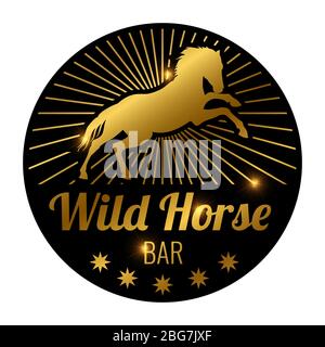 Golden shiny racing horse on black backdrop. Bar, cafe emblem with horse isolated on white background. Vector illustration Stock Vector