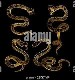 Golden snake set. Hand drawn snakes isolated on black background. Vector illustration Stock Vector