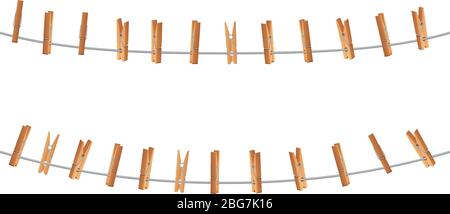 Wooden clips, clothespin on clothesline holding rope isolated. Laundry and housework vector concept. Clip clamp wooden, hold clothespin on clothesline Stock Vector