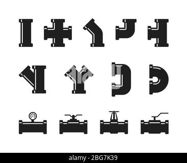 Pipe fittings, water tubes icons. Plumbing, construction pipeline, industrial drainage system vector set isolated. Illustration of tube and pipe indus Stock Vector