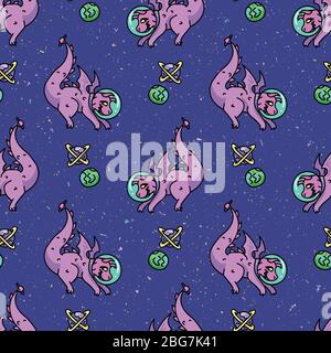 Cute astronaut purple dragon cartoon seamless vector pattern. Hand drawn space fantasy tile. All over print for planet and star blog on galaxy Stock Vector